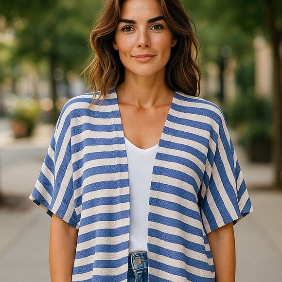 I JOAH Blue & White Stripe Loose Fit Cardigan Cover Up Top ~ Women's Size LARGE - Picture 1 of 8